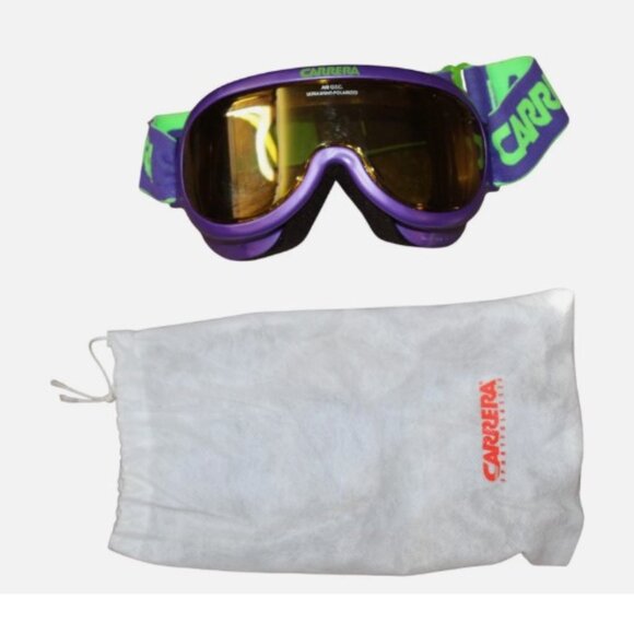 Vintage Carrera Ski Googles Snowboard Purple Neon Green With Dust Bag - Picture 1 of 4